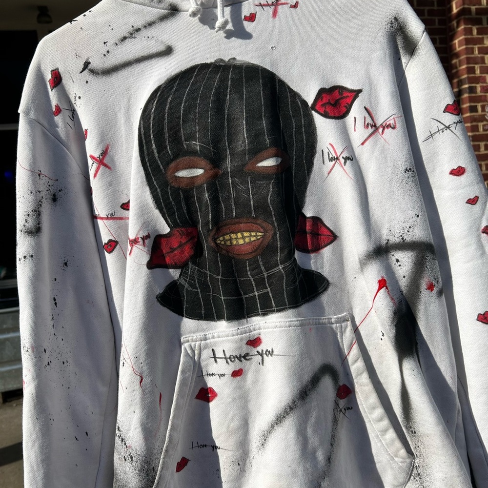 White Graphic Hoodie with Mask Design